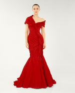 Load image into Gallery viewer, OFF SHOULDER FISHCUT PLEATED TAFFETA DRESS
