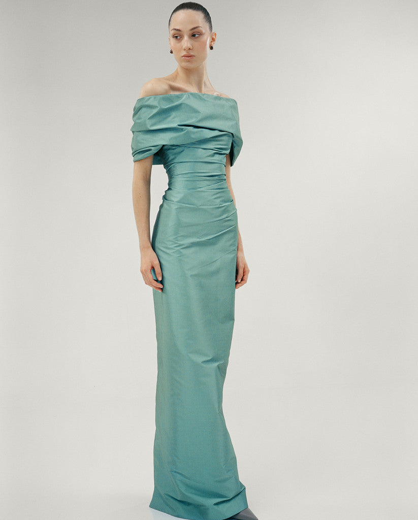 OFF SHOULDER TAFFETA DRAPED DRESS MARMAR HALIM FASHION DESIGN LLC OFF SHOULDER TAFFETA DRAPED DRESS MARMAR HALIM FASHION DESIGN LLC