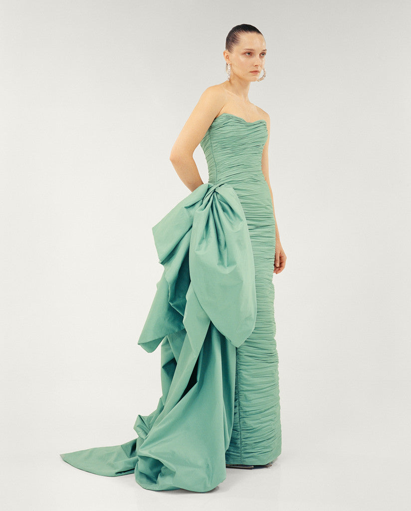 STRAPLESS PLEATED TAFFETA DRESS WITH DRAPED OVER SKIRT Teal / 46 / Taffeta STRAPLESS PLEATED TAFFETA DRESS WITH DRAPED OVER SKIRT Teal / 46 / Taffeta