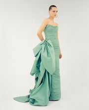 STRAPLESS PLEATED TAFFETA DRESS WITH DRAPED OVER SKIRT