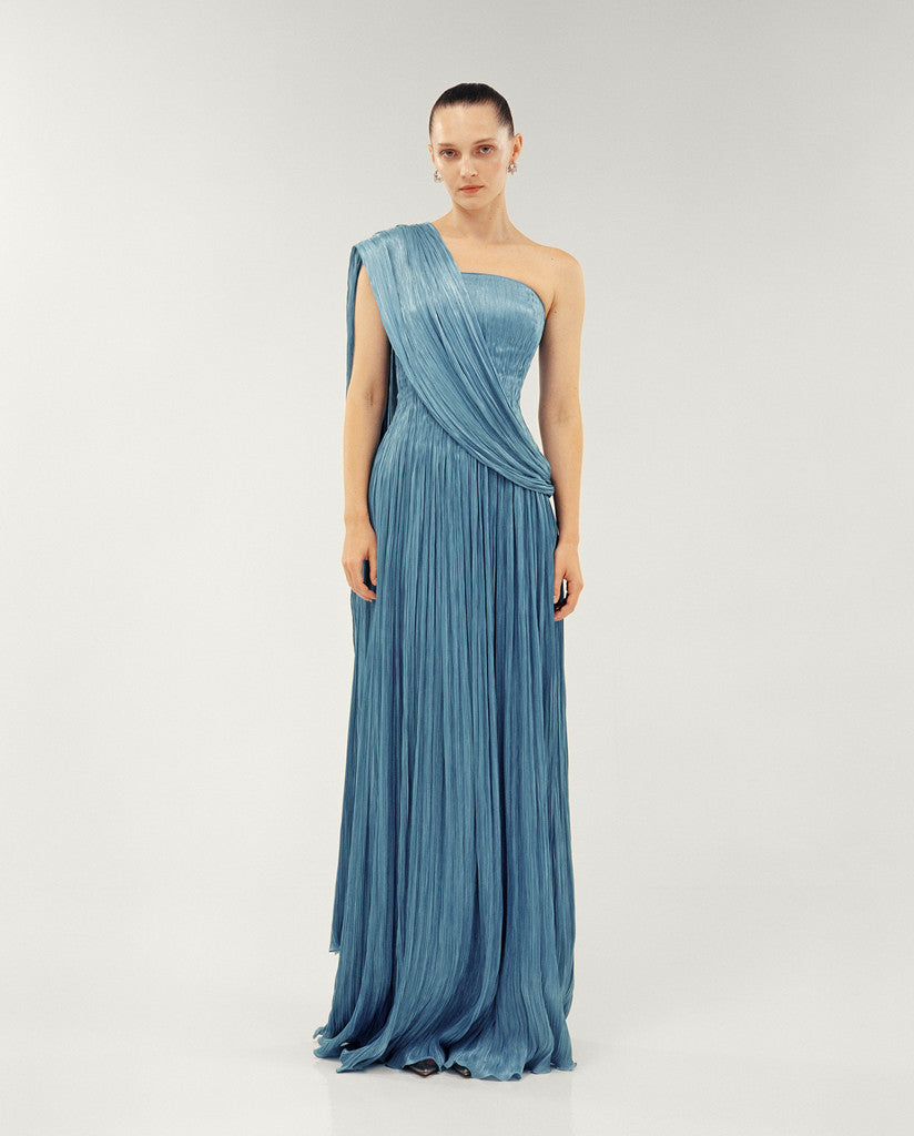 STRAPLESS SILK ROSEYA PLEATED DRESS WITH CAPE ATTACHED