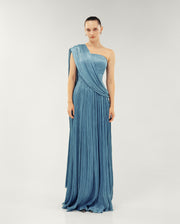STRAPLESS SILK ROSEYA PLEATED DRESS WITH CAPE ATTACHED