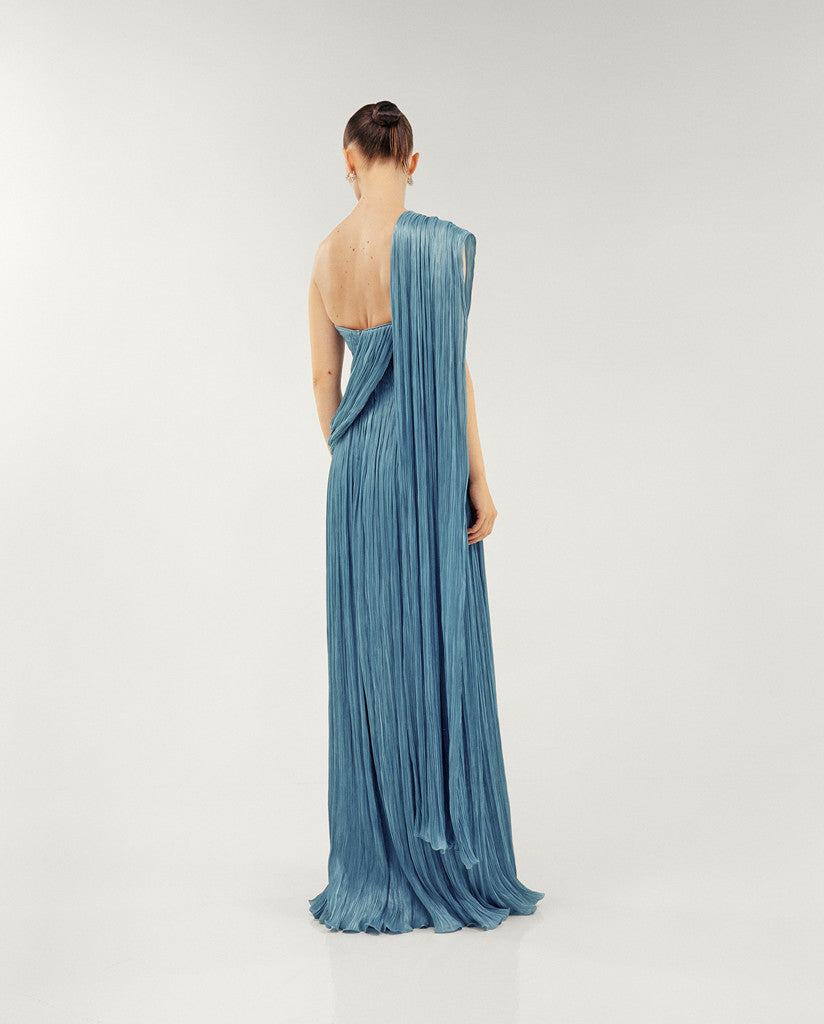 STRAPLESS SILK ROSEYA PLEATED DRESS WITH CAPE ATTACHED