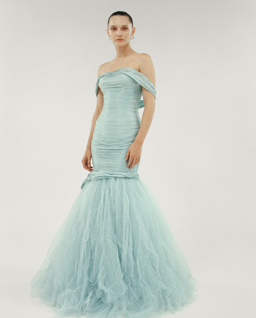 OFF SHOULDER FISHCUT PLEATED ROSEYA DRESS WITH PLEATED TULLE