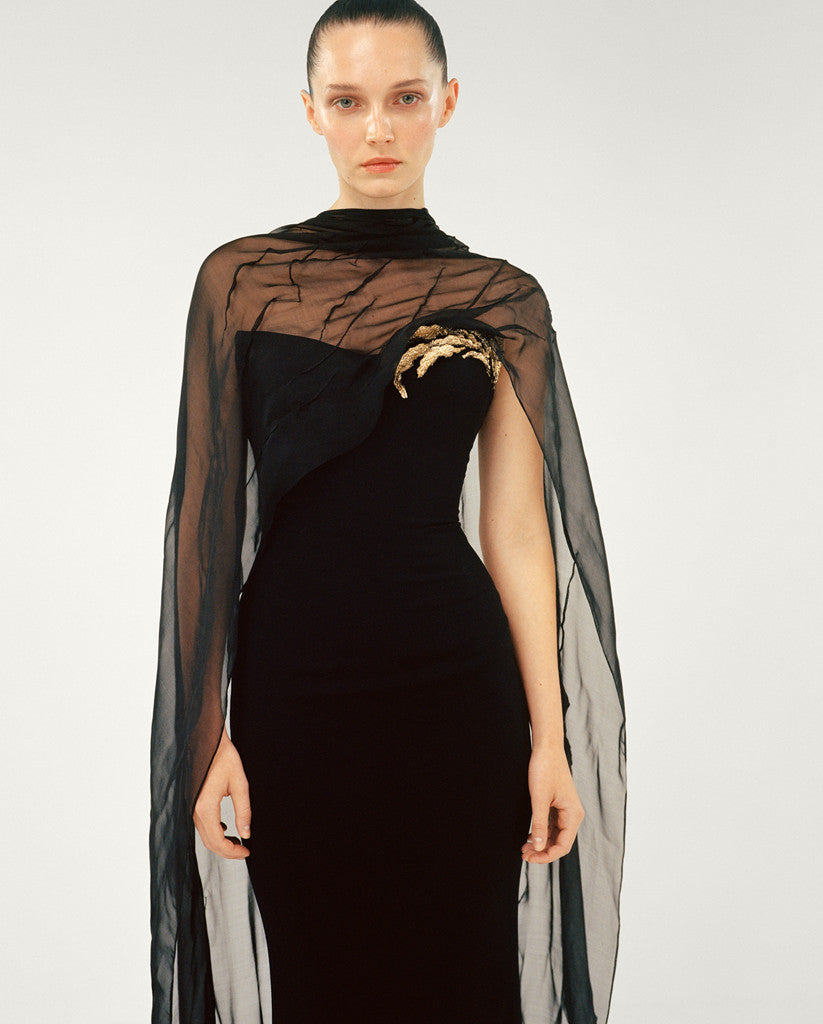 STRAPLESS CREPE DRESS WITH GOLD EMBROIDERED ON BUST