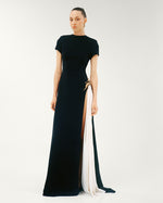 Load image into Gallery viewer, A-LINE CREPE DRESS WITH HAND PLEATED CHIFFON SLIT AND EMBROIDERED BROCARD
