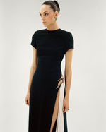 Load image into Gallery viewer, A-LINE CREPE DRESS WITH HAND PLEATED CHIFFON SLIT AND EMBROIDERED BROCARD
