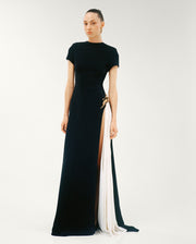 A-LINE CREPE DRESS WITH HAND PLEATED CHIFFON SLIT AND EMBROIDERED BROCARD