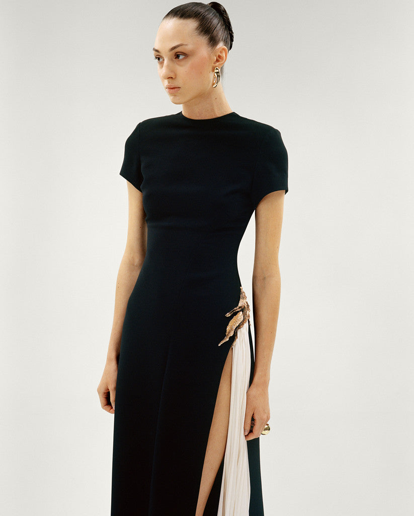 A-LINE CREPE DRESS WITH HAND PLEATED CHIFFON SLIT AND EMBROIDERED BROCARD
