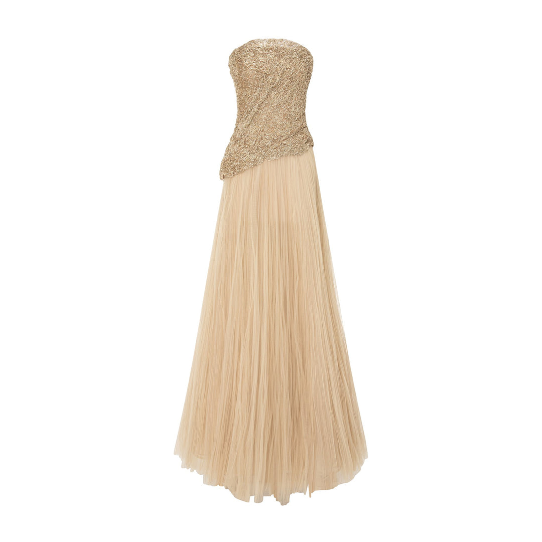 Strapless Embroidered Dress With A-line Cut Pleated Tulle