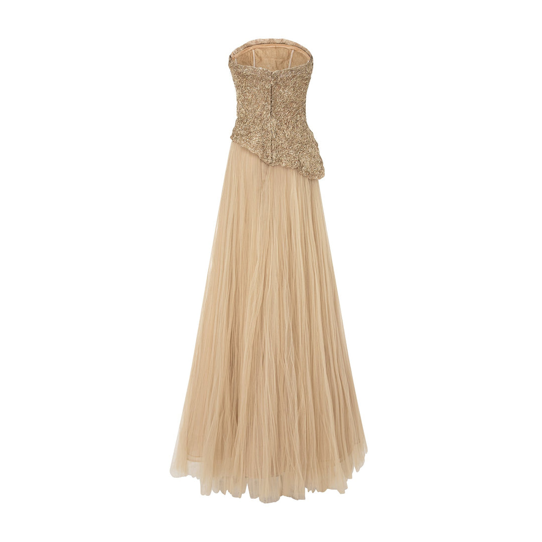 Strapless Embroidered Dress With A-line Cut Pleated Tulle