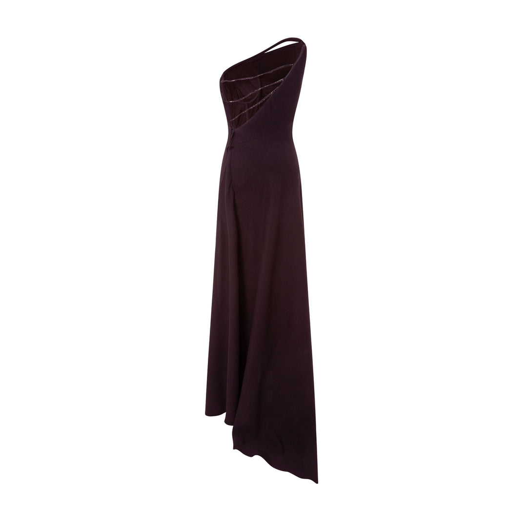 Asymmetrical Crepe Backless Dress With Embroidered Back Straps