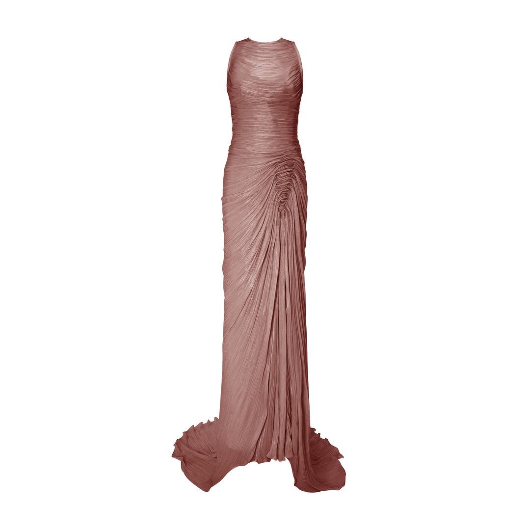 High Neck Pleated Satin Dress