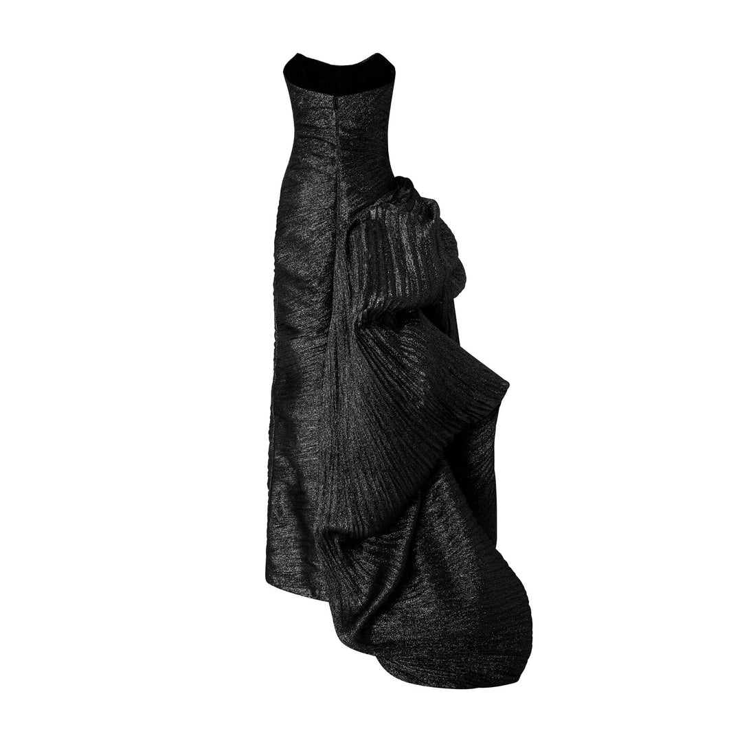 Strapless Pleated Jacquard Lurex Dress With Over Skirt And Cape