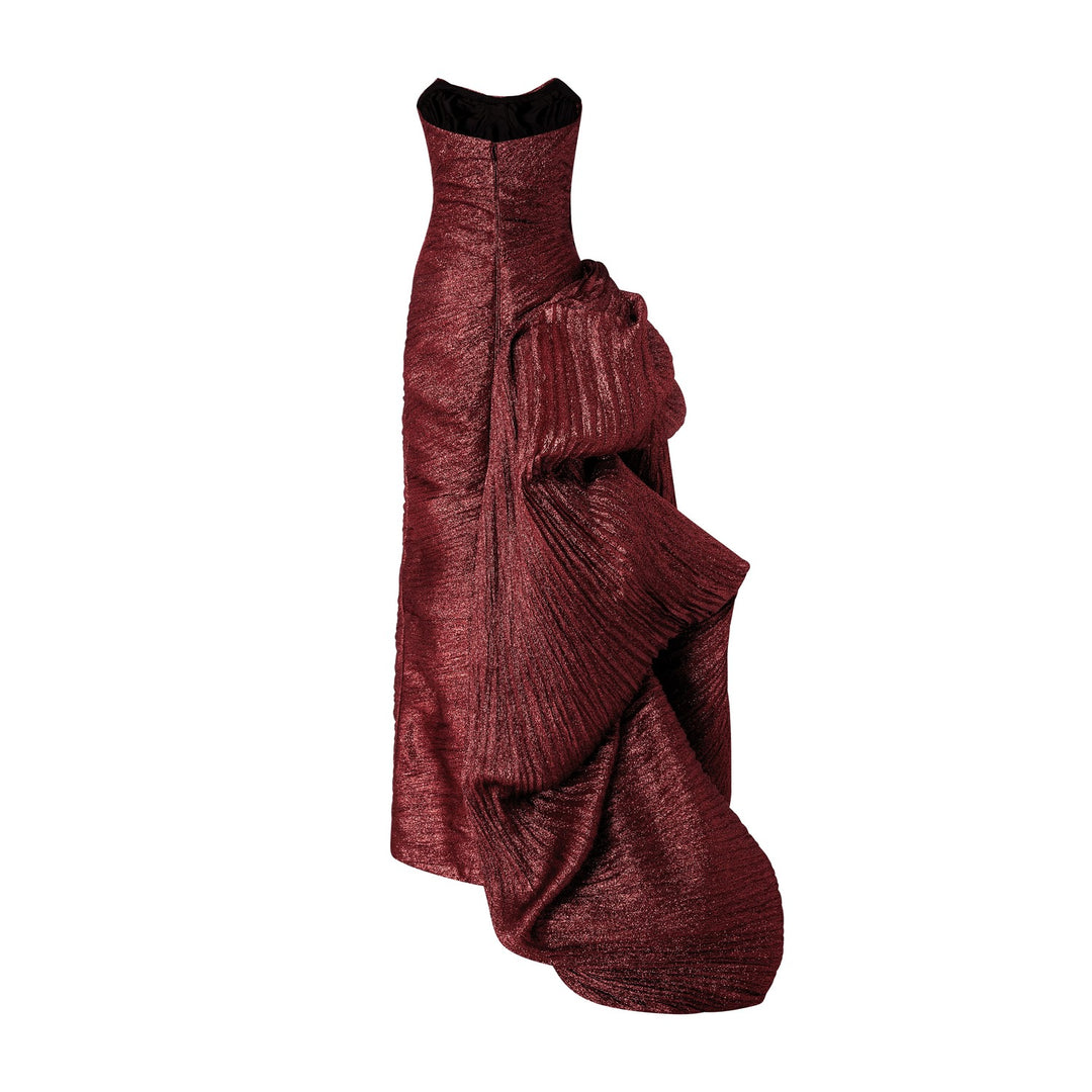 Strapless Pleated Jacquard Lurex Dress With Over Skirt And Cape