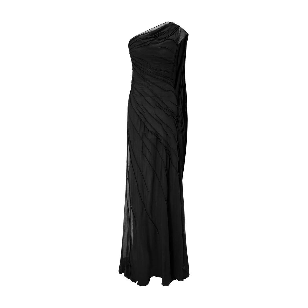 one shoulder georgette dress Badgley Mischka Women's One-Shoulder Ruffle Chiffon Gown