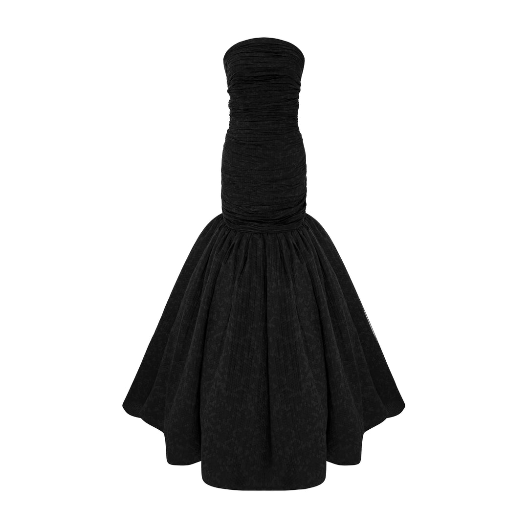 fish cut black dress BLACK FISH CUT GOWN WITH BLACK TRAIL AND DECORATED WITH SILVER EMBROID