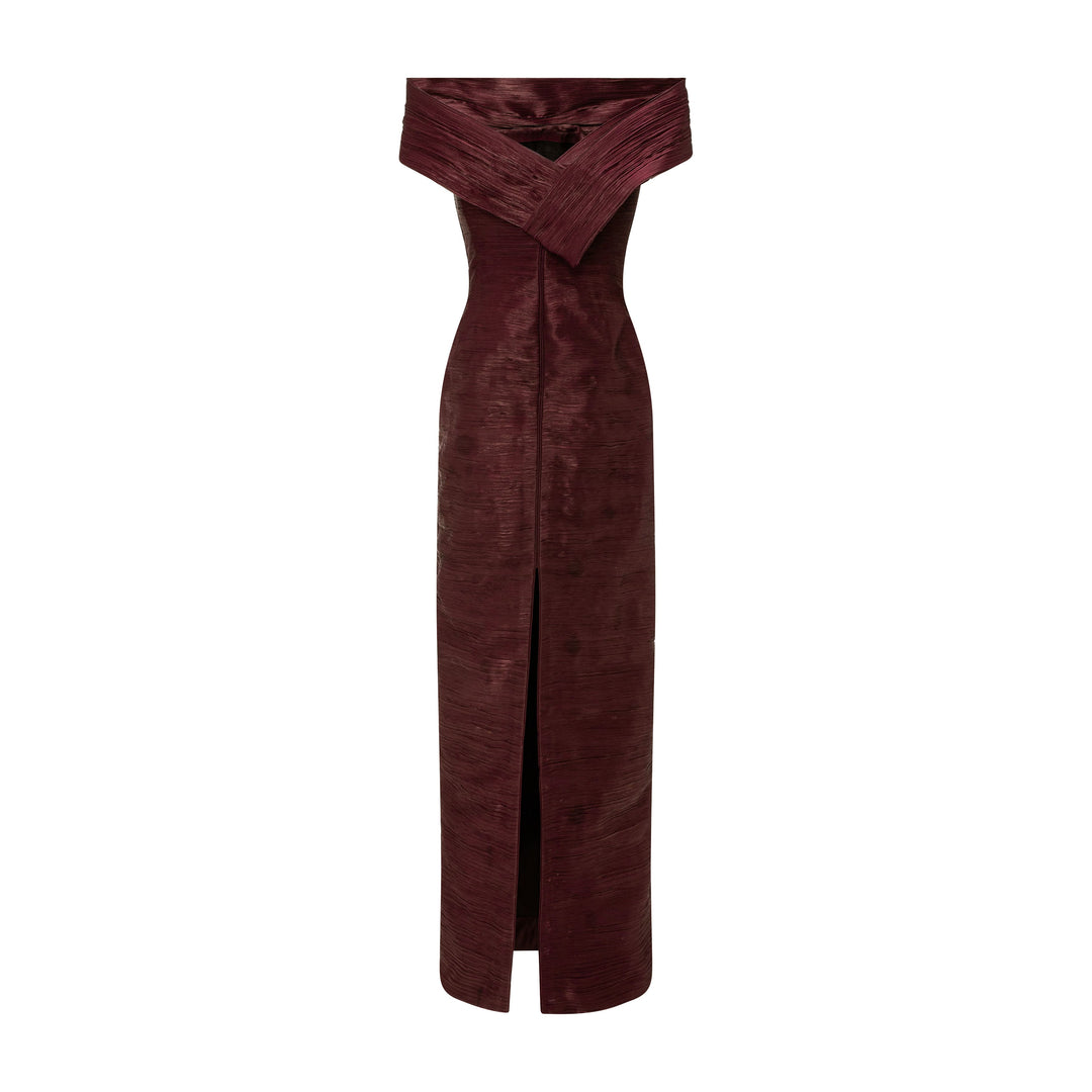 Off-Shoulder Pleated Silk Dress