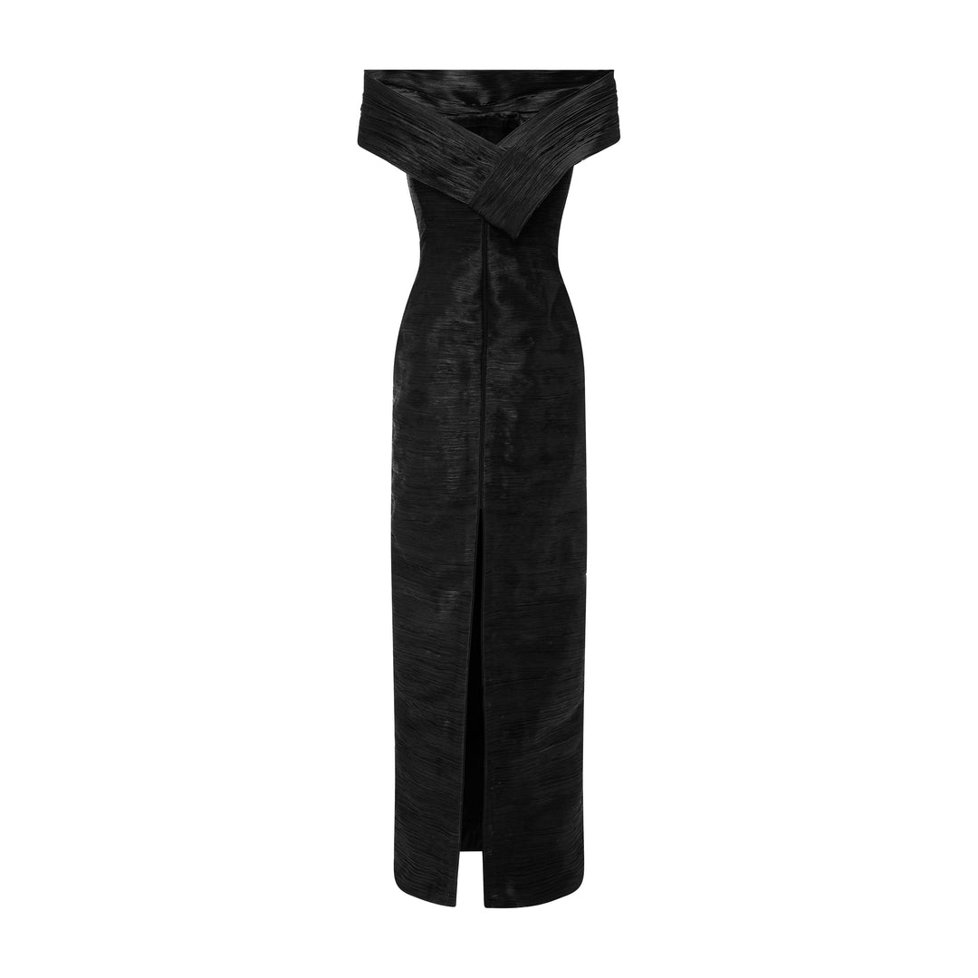 Off-Shoulder Pleated Silk Dress