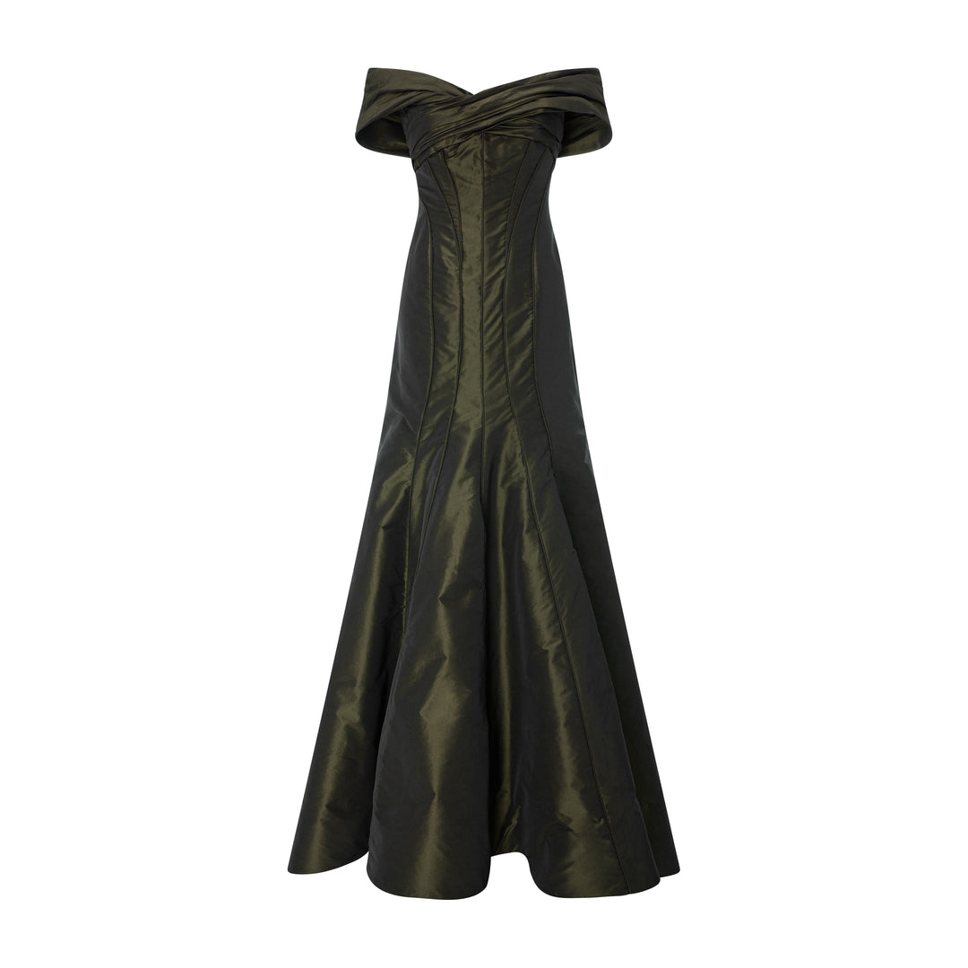 Off-Shoulder Fish Cut Taffeta Dress