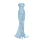 Load image into Gallery viewer, TATIANA - STRAPLESS PLEATED SILK GOWN WITH SLIT, FRINGES, CORSET AND CAPE
