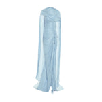 Load image into Gallery viewer, TATIANA - STRAPLESS PLEATED SILK GOWN WITH SLIT, FRINGES, CORSET AND CAPE
