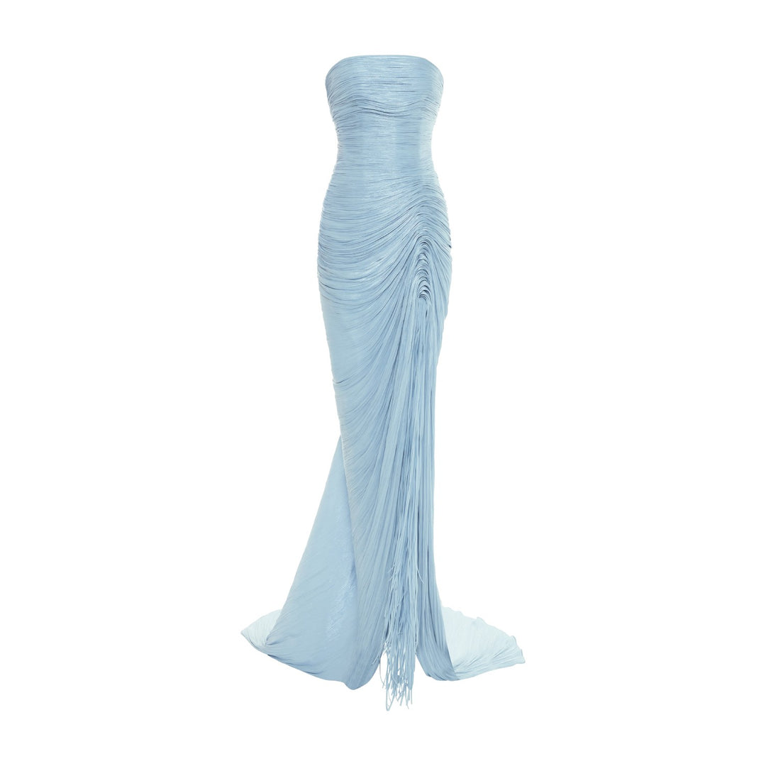 TATIANA - STRAPLESS PLEATED SILK GOWN WITH SLIT, FRINGES, CORSET AND CAPE