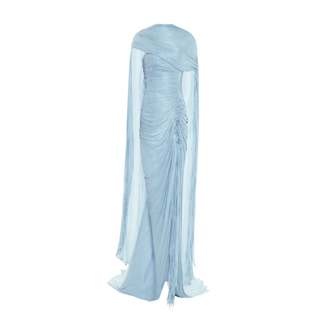 TATIANA - STRAPLESS PLEATED SILK GOWN WITH SLIT, FRINGES, CORSET AND CAPE