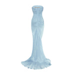 Load image into Gallery viewer, TATIANA - STRAPLESS PLEATED SILK GOWN WITH SLIT, FRINGES, CORSET AND CAPE
