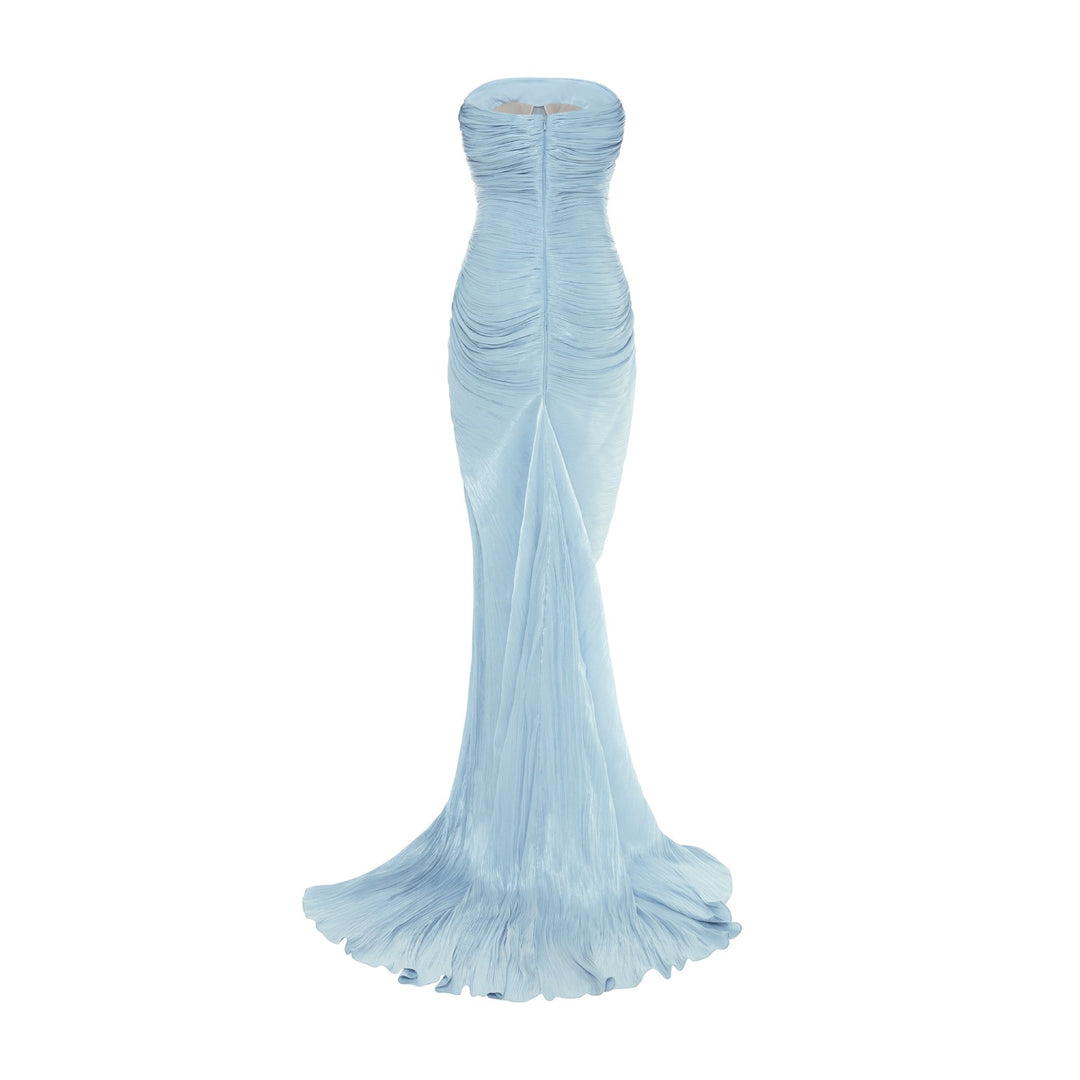 TATIANA - STRAPLESS PLEATED SILK GOWN WITH SLIT, FRINGES, CORSET AND CAPE