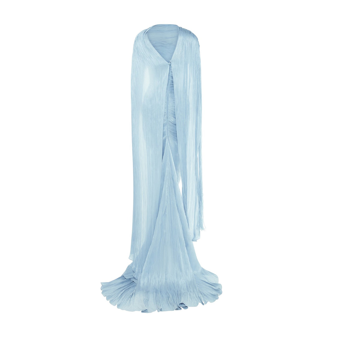 TATIANA - STRAPLESS PLEATED SILK GOWN WITH SLIT, FRINGES, CORSET AND CAPE