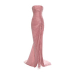 Load image into Gallery viewer, TATIANA - STRAPLESS PLEATED SILK GOWN WITH SLIT, FRINGES, CORSET AND CAPE

