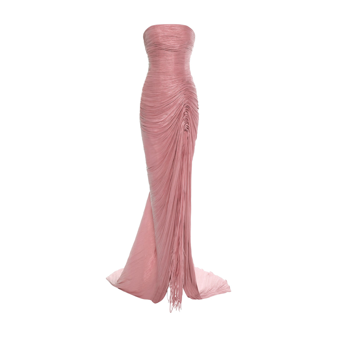 TATIANA - STRAPLESS PLEATED SILK GOWN WITH SLIT, FRINGES, CORSET AND CAPE