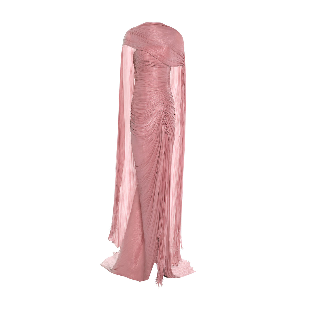 TATIANA - STRAPLESS PLEATED SILK GOWN WITH SLIT, FRINGES, CORSET AND CAPE