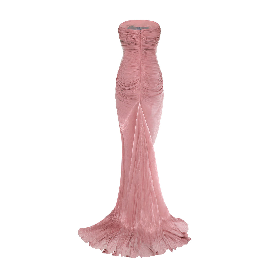 TATIANA - STRAPLESS PLEATED SILK GOWN WITH SLIT, FRINGES, CORSET AND CAPE