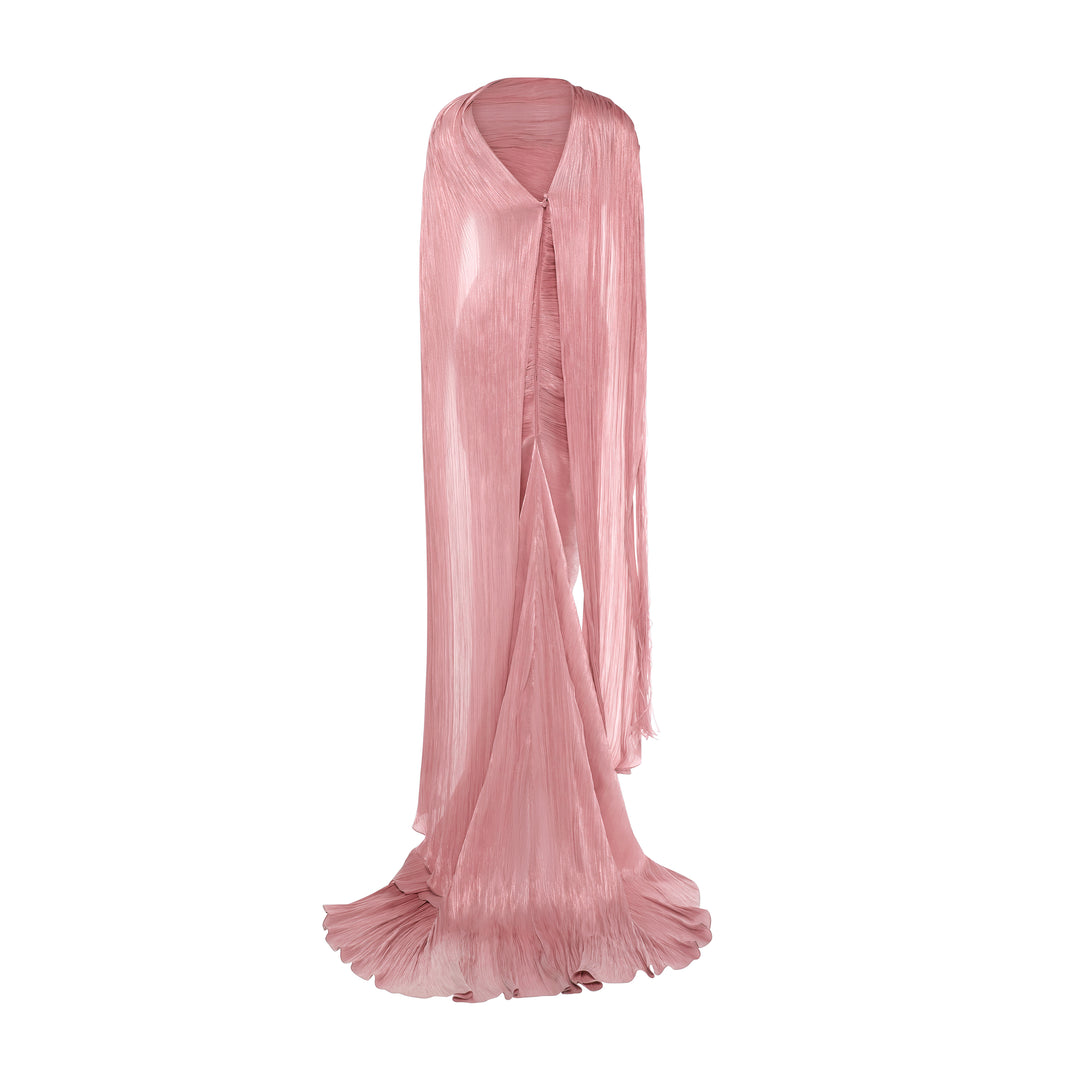 TATIANA - STRAPLESS PLEATED SILK GOWN WITH SLIT, FRINGES, CORSET AND CAPE