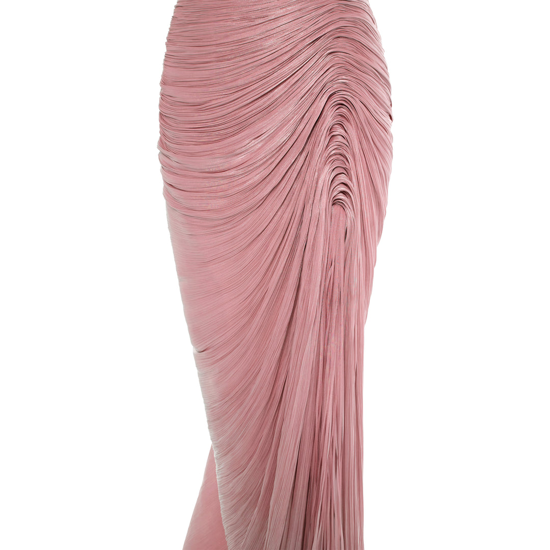 TATIANA - STRAPLESS PLEATED SILK GOWN WITH SLIT, FRINGES, CORSET AND CAPE