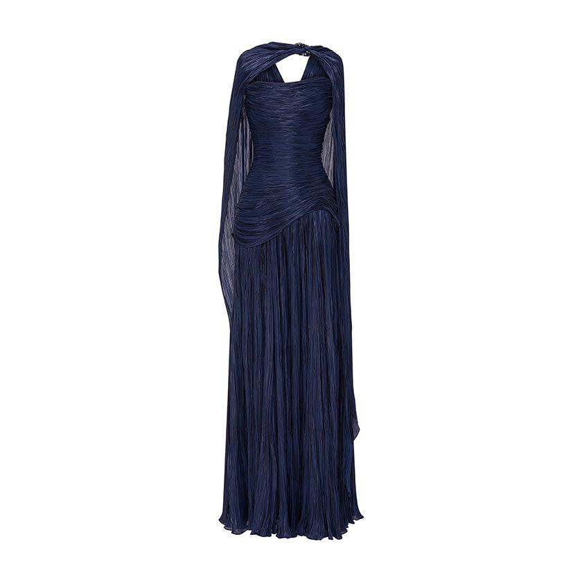 HAND-PLEATED SILKY ORGANZA GOWN WITH CAPE Navy Blue / 40 / Lily HAND-PLEATED SILKY ORGANZA GOWN WITH CAPE Navy Blue / 40 / Lily