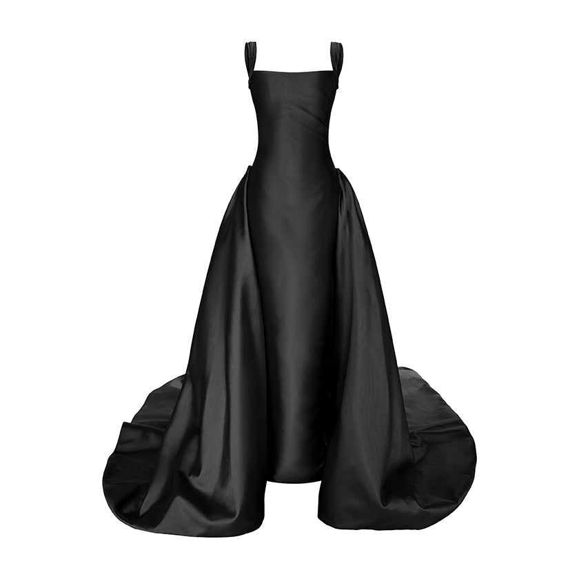 STRAPED SLEEVE MIKADO GOWN WITH DETACHABLE TAIL