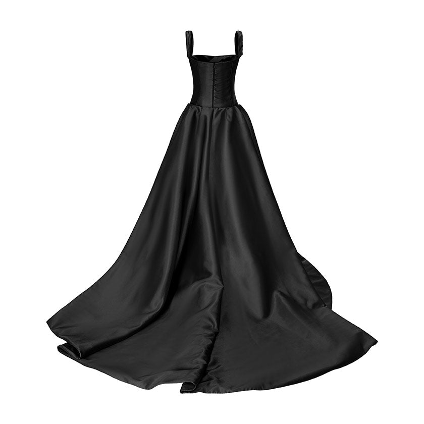 STRAPED SLEEVE MIKADO GOWN WITH DETACHABLE TAIL