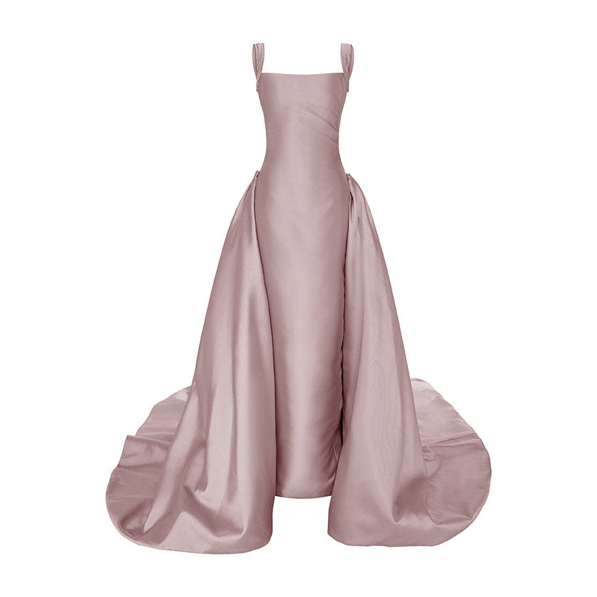 STRAPED SLEEVE MIKADO GOWN WITH DETACHABLE TAIL