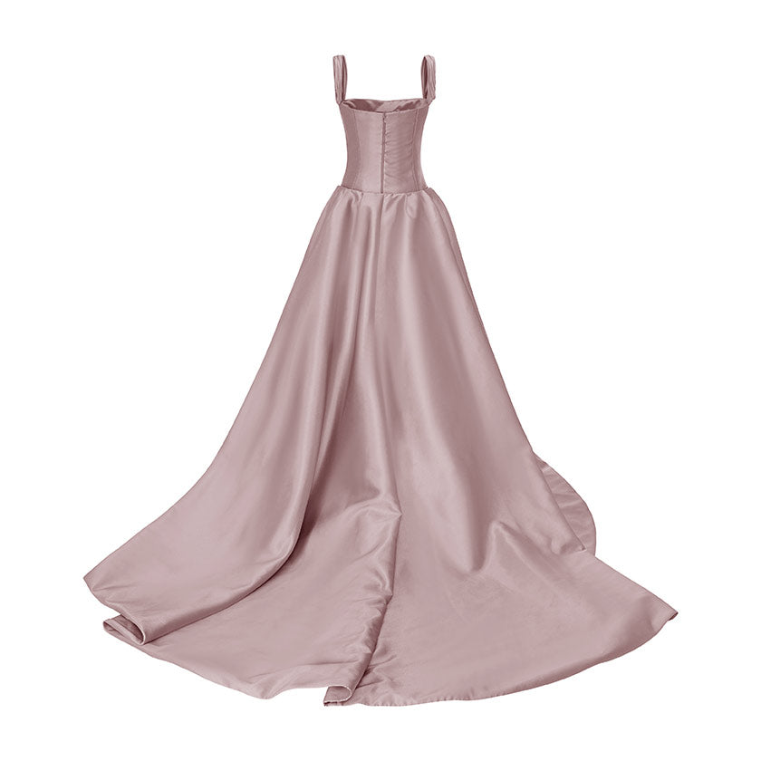 STRAPED SLEEVE MIKADO GOWN WITH DETACHABLE TAIL