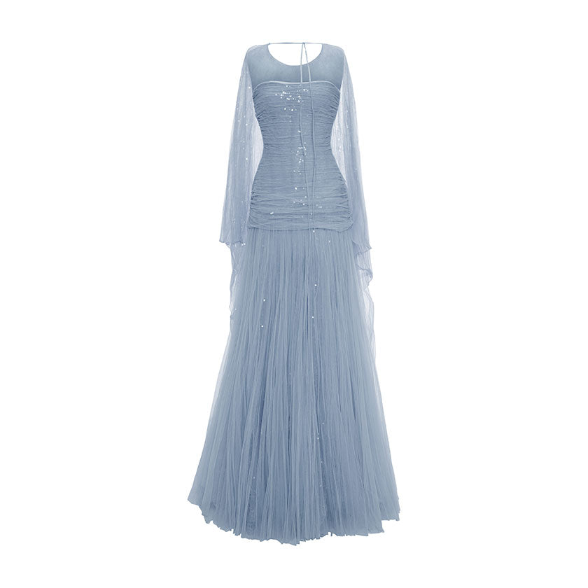 PLEATED TULLE AND SEQUINS STRAPPLESS GOWN