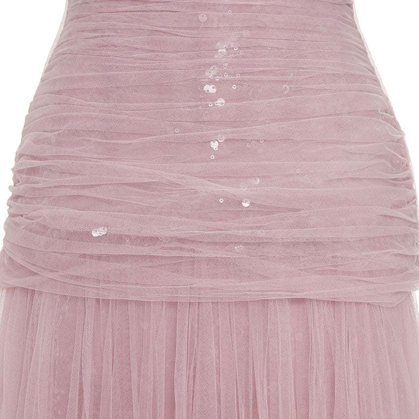 PLEATED TULLE AND SEQUINS STRAPPLESS GOWN