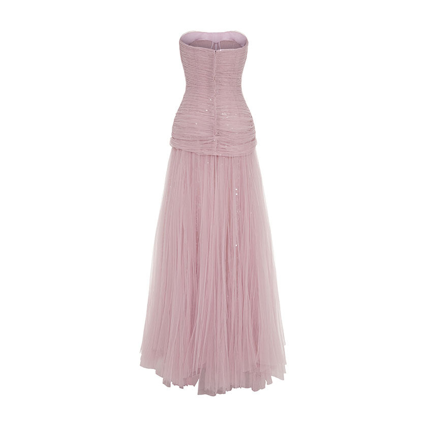 PLEATED TULLE AND SEQUINS STRAPPLESS GOWN