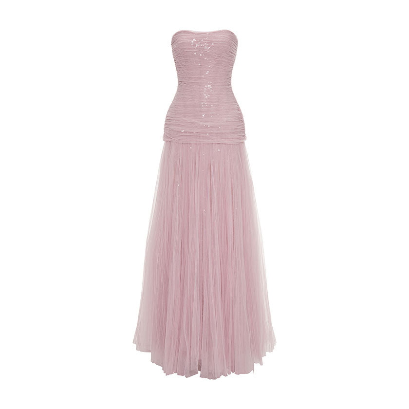 PLEATED TULLE AND SEQUINS STRAPPLESS GOWN