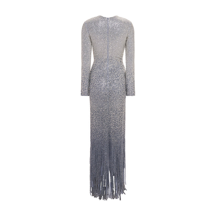 LONG -SLEEVED BEADED STONE GOWN WITH STRIP CUTS DOWN