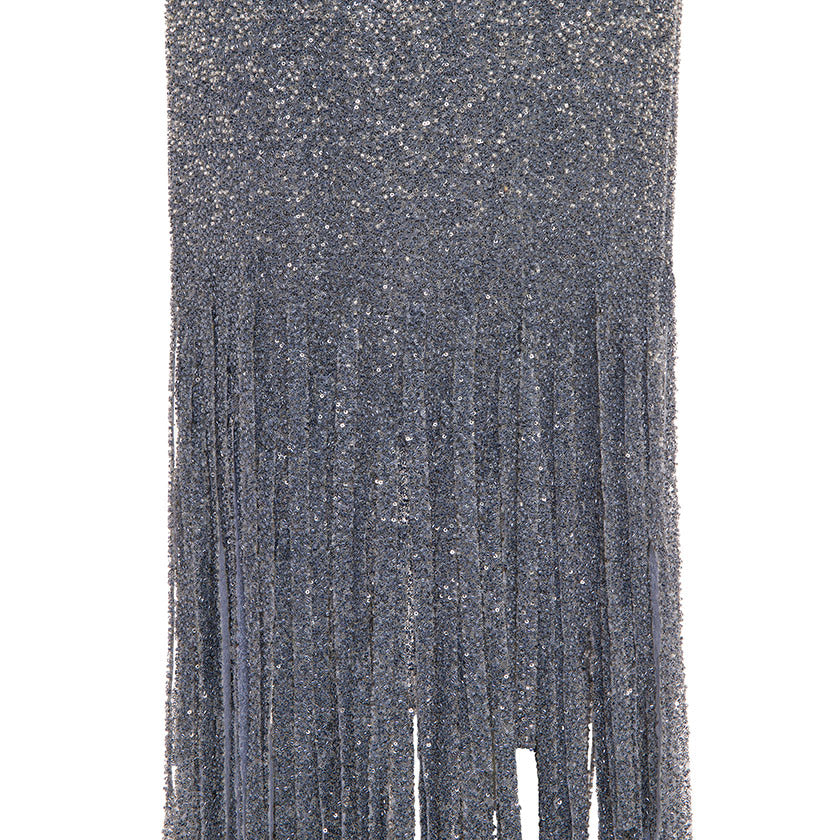 LONG -SLEEVED BEADED STONE GOWN WITH STRIP CUTS DOWN