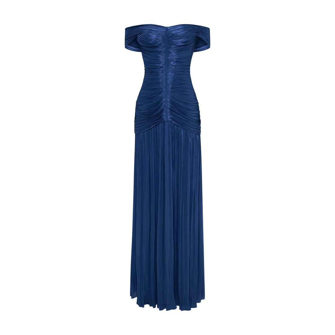 RUCHED SILK SATIN OFF SHOULDER GOWN