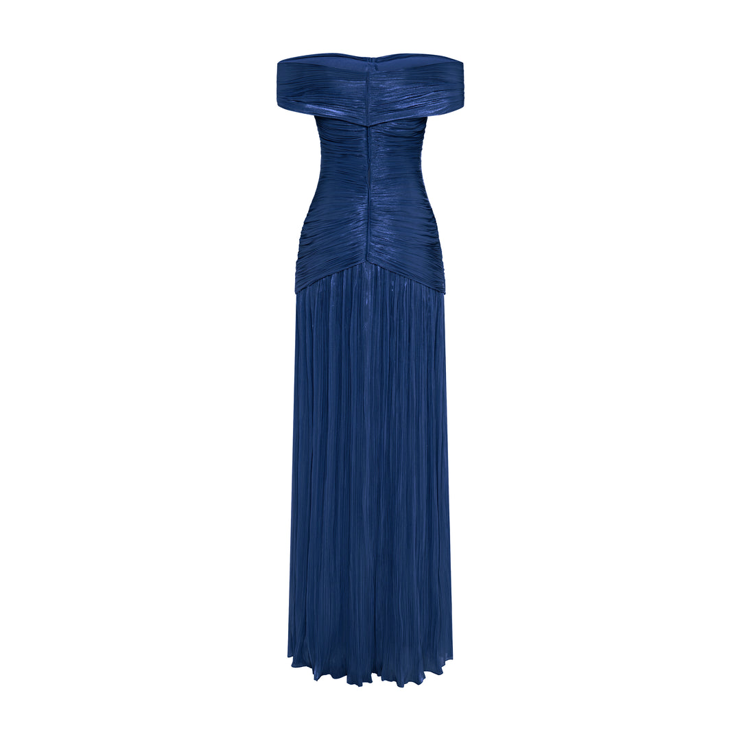 RUCHED SILK SATIN OFF SHOULDER GOWN